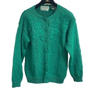 Vintage Northern Isles Green Hand-Embroidered Floral Cardigan Sweater Size Small